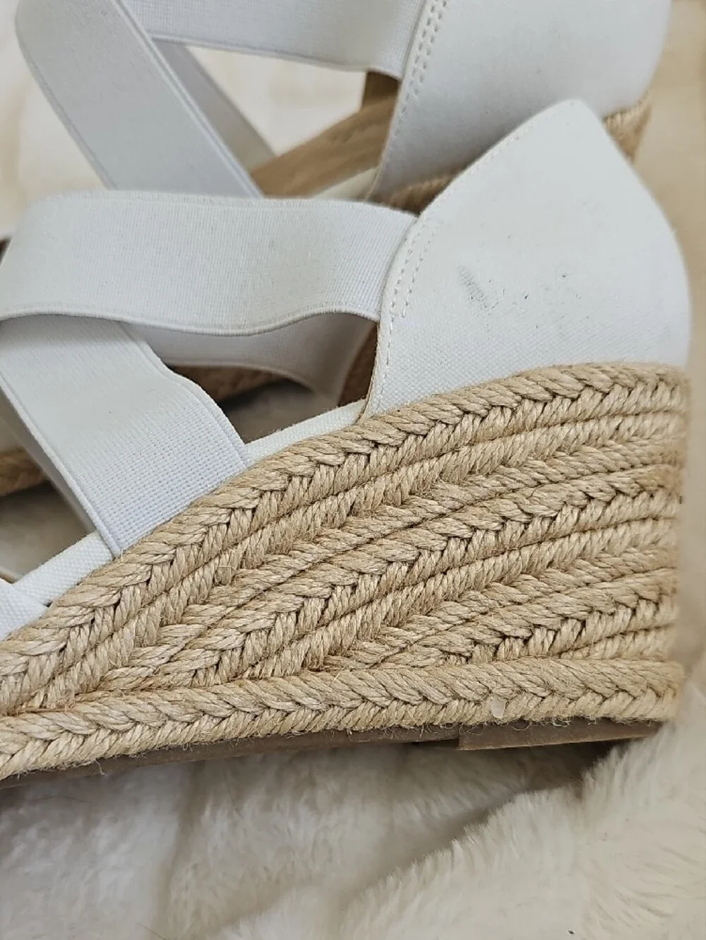 easy street White Espadrille Wedge Sandals with Cross Straps